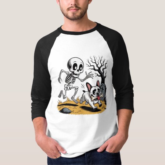 T-shirt Skeleton vs French Bulldog – Funny Halloween Chase (Devant)