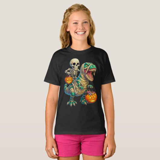 T-shirt Skeleton Whimsical équitation maman T-Rex Hallowee (Devant entier)