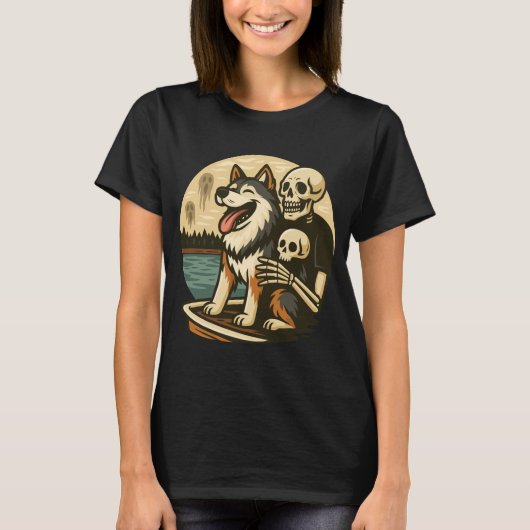 T-shirt Skeleton with Dog on Haunted Lake Horror Art (Devant)