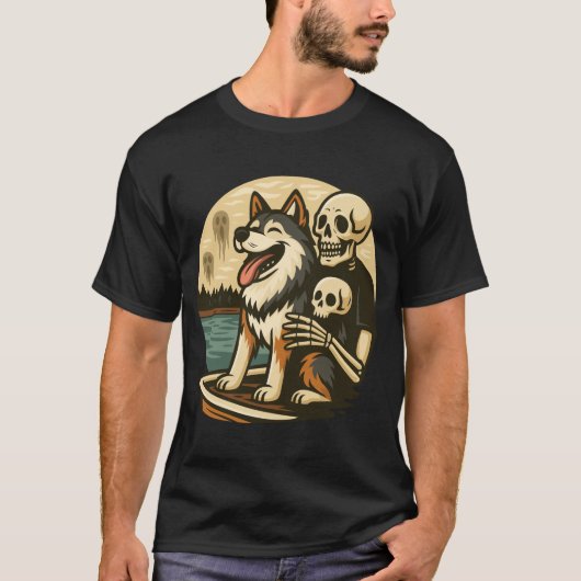 T-shirt Skeleton with Dog on Haunted Lake Horror Art (Devant)