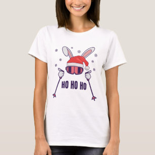 T-shirt Ski Père Noël Rabbit avec Santa Hat et bâtons de s