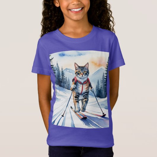 T-Shirt Skier cool Chat Kitten Fun Aquarelle (Devant)