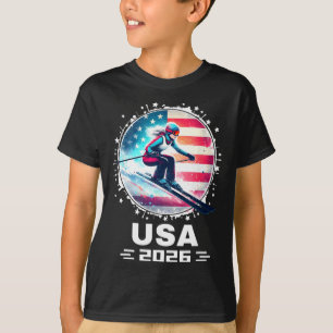 T-shirt Skieuse Équipe de Ski Usa 2026 Ski Drapeau América