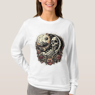 T-shirt Skull Shirt, Crescent Moon, Roses, Mountains, Star