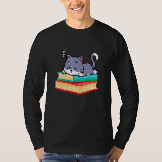 T-shirt Sleeping Cat On Books Librarian bookish Cat & Book (Devant)