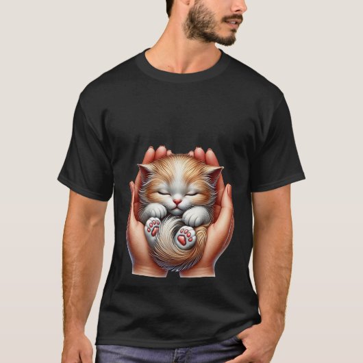 T-shirt Sleeping Kitten Cradled in Hands Tiny Fluffy Cat  (Devant)
