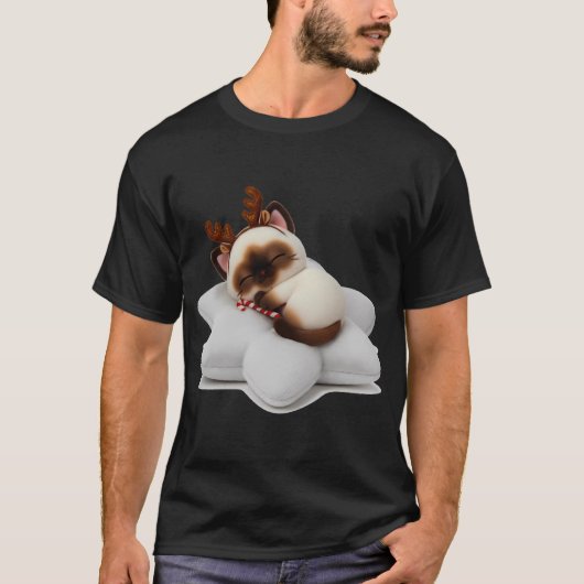 T-shirt Sleeping Reindeer Cat with Candy Cane on Star Pill (Devant)