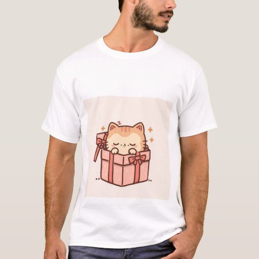 T-shirt Sleepy Kawaii Ginger Cat in Pink Gift Box ✨💤 (Devant)