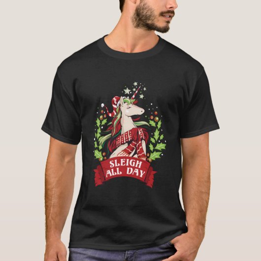 T-shirt Sleigh All Day Santa Unicorn (Devant)