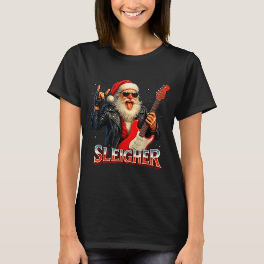 T-shirt Sleigher Rock Santa Funny Metal Christmas Design  (Devant)