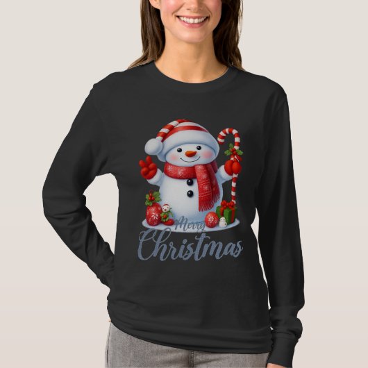 T-shirt Smiling Snowman With Candy Cane Christmas Tee (Devant)