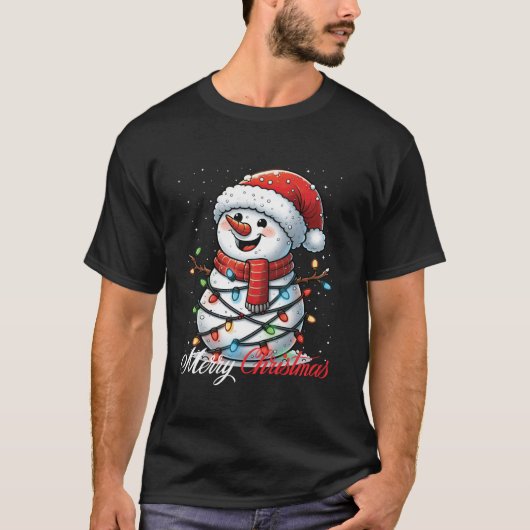 T-shirt Snowman Joyeux Noël Lumières Santa Chapeau Noël Ne (Devant)