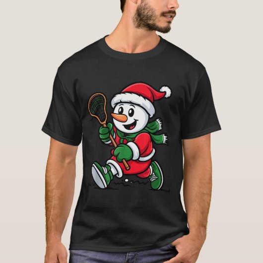 T-shirt Snowman Santa Hat Playing Lacrosse Christmas Playe (Devant)