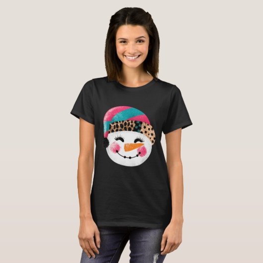 T-shirt Snowman With Santa Hat And Leopard Pattern  (Devant entier)