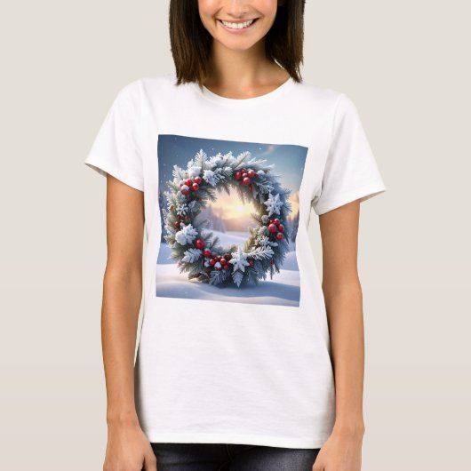T-shirt Snowy Christmas Wreath with Red Berries (Devant)