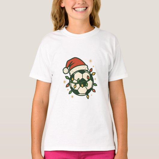 T-shirt Soccer Ball Christmas Lights Santa Hat Funny  (Devant)