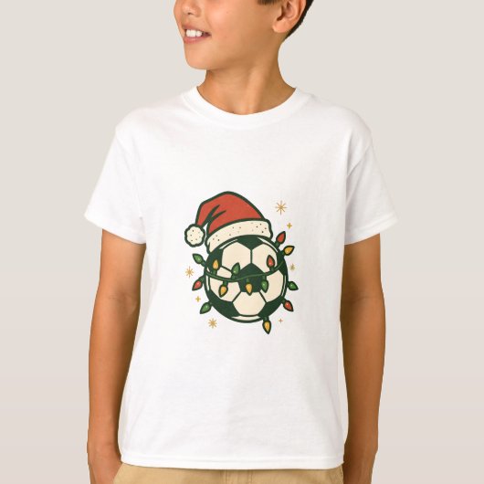 T-shirt Soccer Ball Christmas Lights Santa Hat Funny  (Devant)