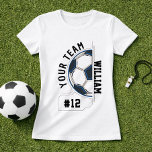 T-shirt Soccer Ball Team Name & Player Number<br><div class="desc">For teams and families who want a basic T-shirt that feels more personal, this design pairs a custom team name, player name, and number with a bold split soccer graphic for a strong look on match day, in photos, and for soccer season gifts. | ✔ • 𝐘𝐨𝐮 𝐜𝐚𝐧 𝐩𝐞𝐫𝐬𝐨𝐧𝐚𝐥𝐢𝐳𝐞 𝐢𝐭...</div>