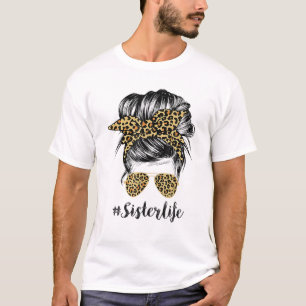 T-shirt Soeur Vie Messy Cheveux Bun Leopard Femmes Mère