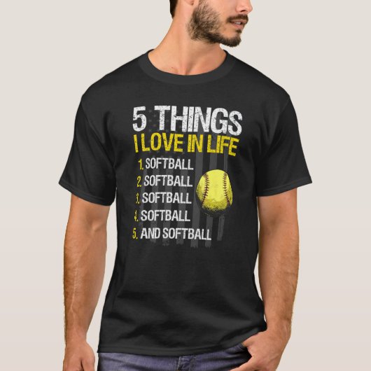 T-shirt Softball 5 choses que j'aime dans Live Drapeau Usa (Devant)