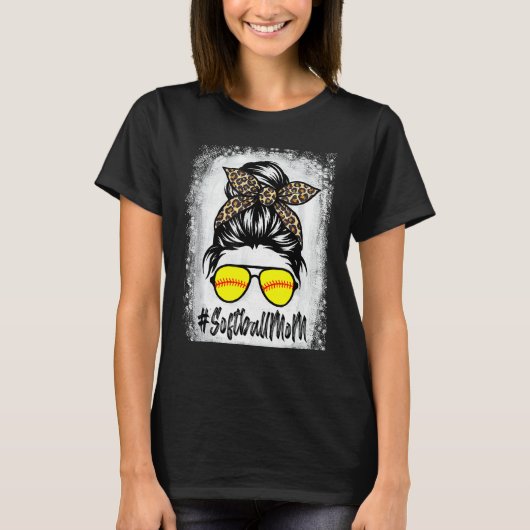T-shirt Softball Maman Vie Avec Leopard Et Messy Bun Playe (Devant)