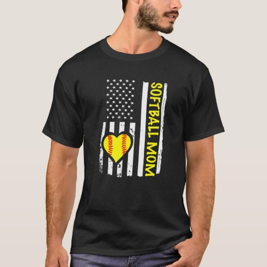 T-shirt Softball Mom USA Flag Heart   (Devant)