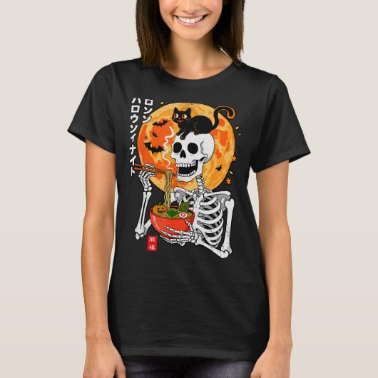 T-shirt Soky Skeleton Eating Ramen Bowl With Cat Halloween (Devant)