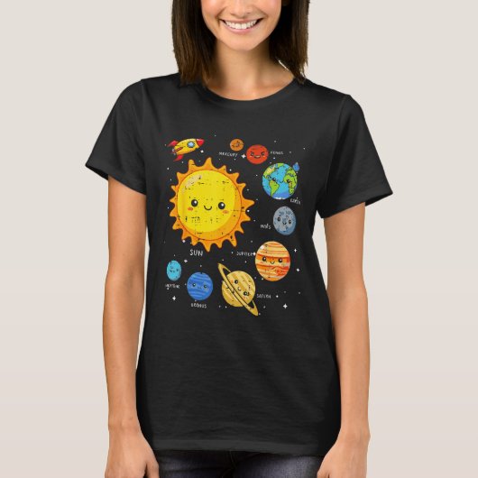 T-shirt Solar System Sun Planets Rocket Space Galaxy Kids (Devant)