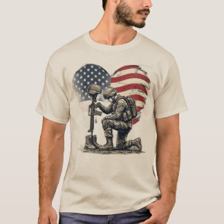 T-shirt Soldat agenouillé héros tombé Drapeau américain Cœ