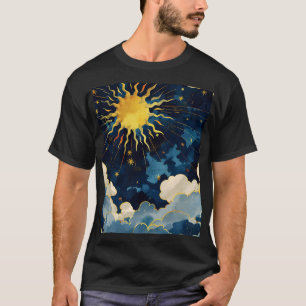 T-shirt Soleil céleste moderne, étoiles et nuages bleus