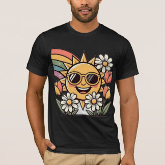 T-shirt Soleil souriant rétro arc-en-ciel floral mignon es