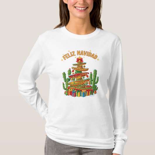 T-shirt Sombrero Drôle Empilé Arbre de Noël Feliz Navidad (Devant)