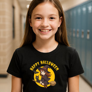 T-Shirt Sorcière Anime & Chat Sur Broom Girls Halloween
