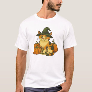 T-shirt Sorcière Chat Calico avec Citrouilles Halloween De