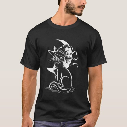 T-shirt Sorcière d'Halloween Chat Noir (Devant)