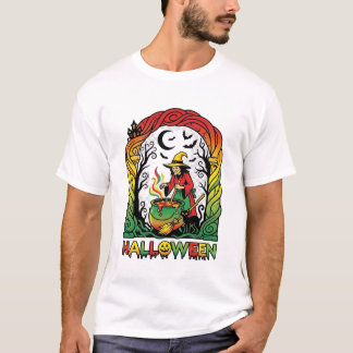 T-shirt Sorcière d'Halloween Chaudron Brasserie Chat Noir