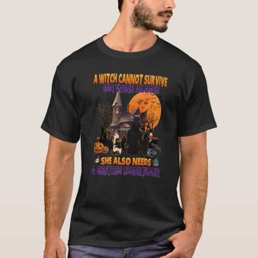 T-shirt Sorcière D'Halloween Sur Le Vin Et Chat Britanniqu (Devant)