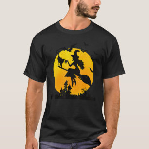 T-shirt Sorcière sur Balai Lune Chat et Chauves-souris Hal