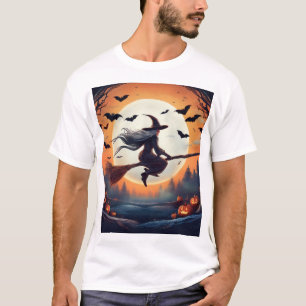 T-shirt Sorcière sur un Broomstick au clair de lune avec c