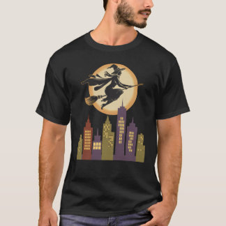 T-shirt Sorcière volant au-dessus d'un paysage urbain rétr