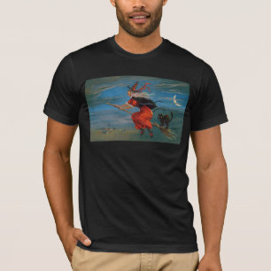 T-shirt Sorcière volant avec chat noir la nuit d'Halloween