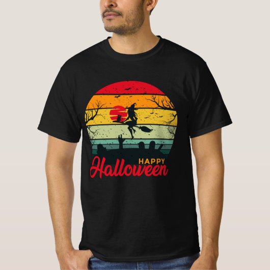 T-shirt Sorcière Volant Broom avec chat Halloween heureux (Devant)