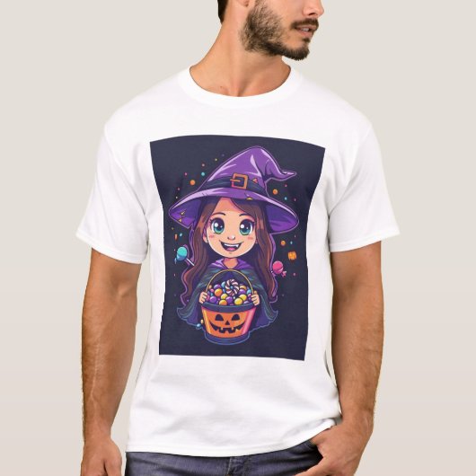 T-shirt Sort doux – Petite sorcière d'Halloween avec frian (Devant)