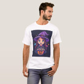 T-shirt Sort doux – Petite sorcière d'Halloween avec frian (Devant entier)
