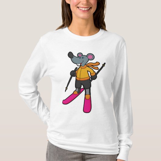 T-shirt Souris comme skieur avec ski (Devant)
