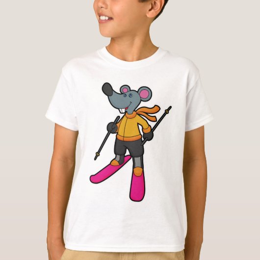 T-shirt Souris comme skieur avec ski (Devant)