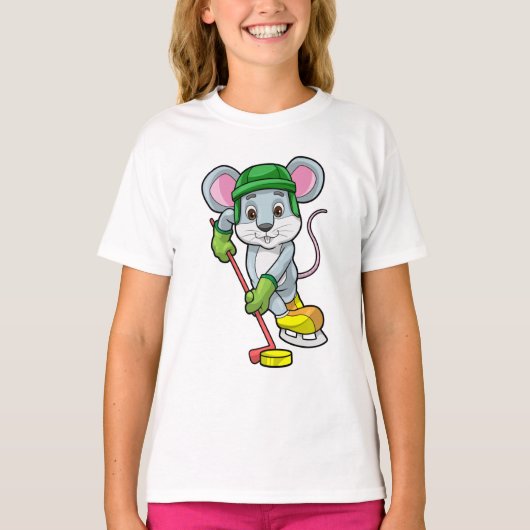 T-shirt Souris de hockey sur glace avec bâton de hockey (Devant)
