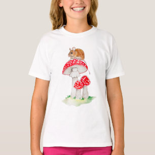 T-shirt Souris mignonne sur amanite tue-mouches aquarelle
