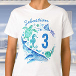 T-shirt Sous la mer Birthday Boy Watercolor Whale<br><div class="desc">Un design pour une fête sous la mer pour votre garçon d'anniversaire avec des créatures marines peintes à la main comme une baleine,  des tortues,  des méduses et des chevaux de mer! Vous pouvez customiser le nom et l'âge. Voir l'ensemble de la collection de fêtes de correspondance.</div>