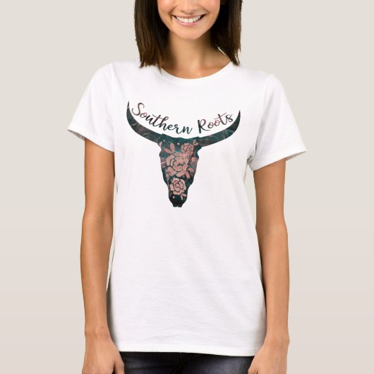 T-shirt Southern Roots Country Longhorn Rose & Green (Devant)